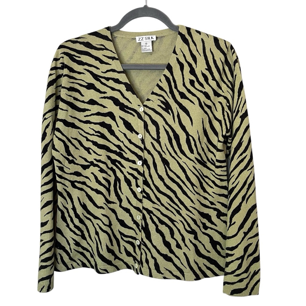 ZZ Silk Silk-Cashmere Button Front V-Neck Zebra Print Cardigan Sweater Green Y2K